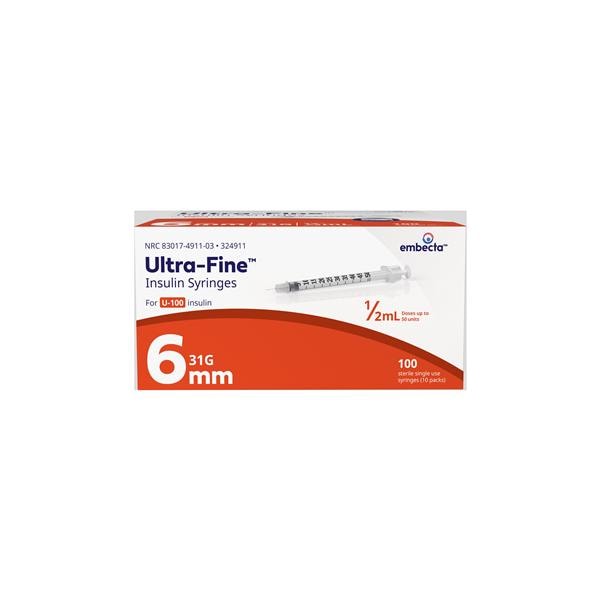 Ultra-Fine Insulin Syringe/Needle 31gx6mm 0.5cc Conventional LDS 100/Bx