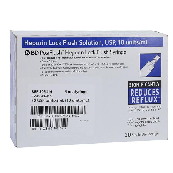 Heparin Lock Flush IV Flush Solution 10u/mL Prefilled Syringe 5mL 30/Package, 16 BX/CA