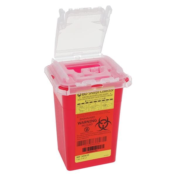 Sharps Container 1qt Red/Clear 3-9/10x4-9/10x7" Needle Ports Plastic Ea
